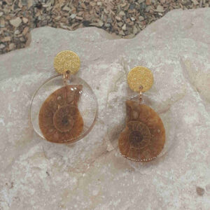Ohrringe, mittelgroße runde Epoxidharzanhänger mit sandfarbenen Ammoniten. Ohrstecker aus nickelfreiem Metall - glitzernd bearbeitete Oberfläche